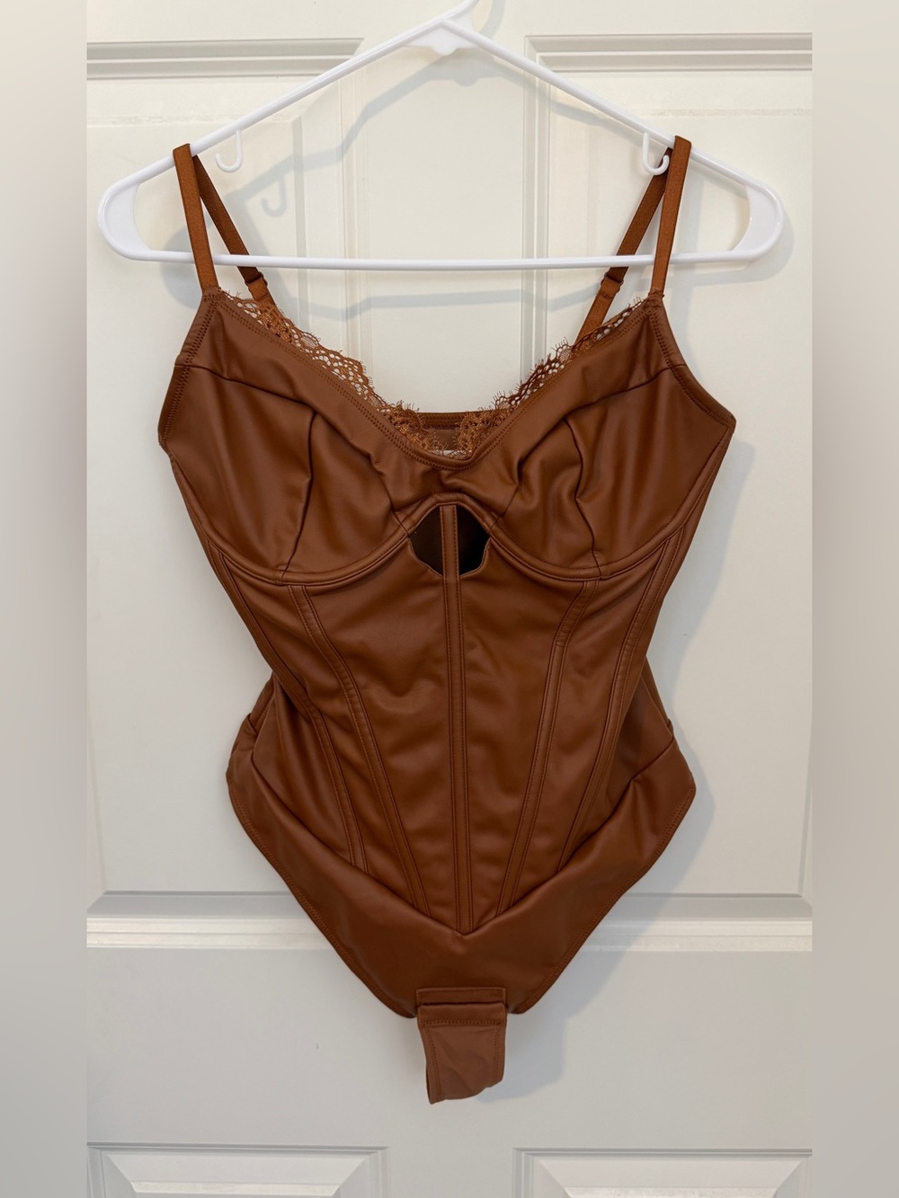 Popilush Faux Leather Lace Corset Bodysuit Brown Size Small